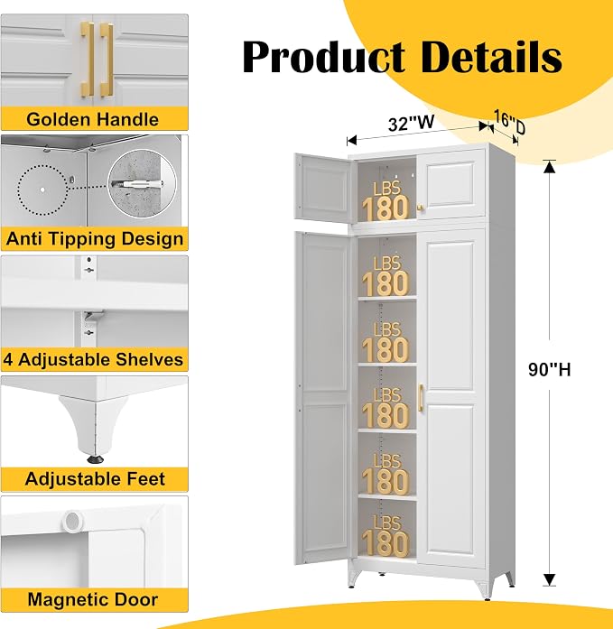 SteeLoong 90”Metal Pantry Storage Cabinet with Doors & 4 Adjustable Shelves | Kitchen Pantry Cabinet,White Kitchen Cabinet with 4 Gold Handles,Tall Cabinet for Livingroom,Pantry, Bathroom,Kitchen,Garage