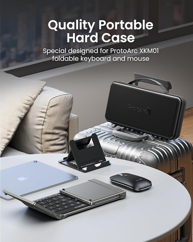ProtoArc XKM01 Full-Size Foldable Keyboard Mouse Combo for Travel, Gray | 105-key keyboard, slim mouse, hard case and phone stand, 3-device Bluetooth & 2.4G switching, for travel office use