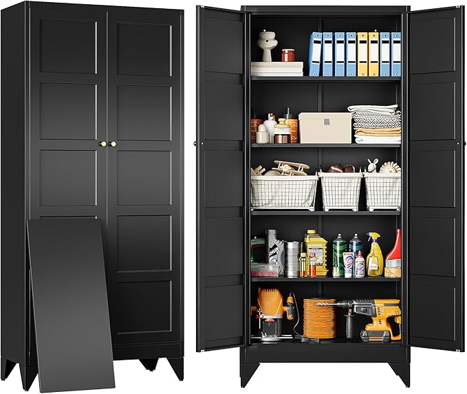 Wide & Deep Metal Storage Cabinets with 2 Doors and 5 Shelves,Tall Storage Cabinet,Large Cupboard Closet,Pantry Storage Cabinet for Home,Kitchen,Dining/Living Room (Black, 72" H)