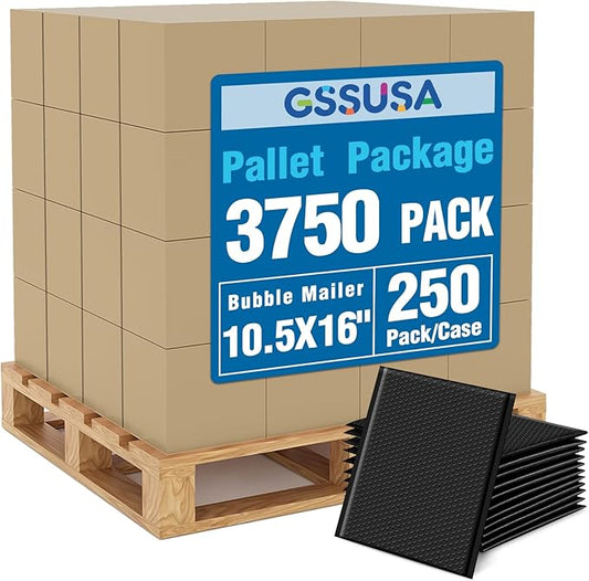 GSSUSA Black Bubble Mailers 10.5x16 Padded Envelopes, 1 Pallet Pack of 3750 Self-Seal Packaging Bags, Small Business Supplies, Shipping Envelopes, Mailing Bags, Packaging for Small Business