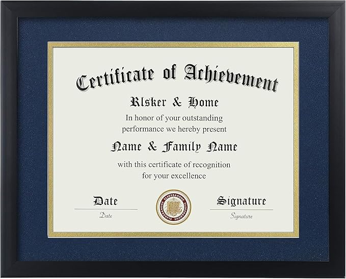 ELSKER&HOME 8.5x11 Certificate Frame with Blue Mat- Classic Black Color Frame - Displays Diploma 8.5x11 Inch with Mat - 11x14 Inch Without Mat - For Document/Photo(Double Mat Blue with Gold Rim)