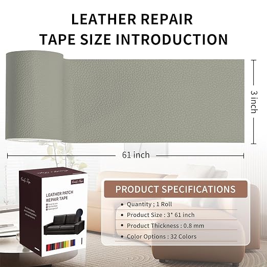 Leather Repair Patch Tape, Light Grey 3 x 61 Inches Self Adhesive Leather Repair Kit for Furniture, Car Seat,Vinyl Leather Repair Kit for Office Chairs, Couch, Sofa, Luggage