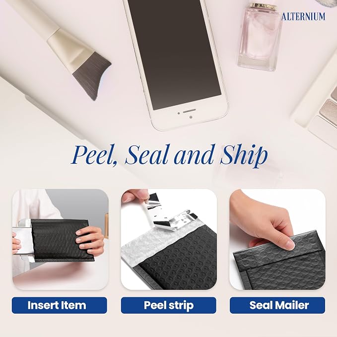 ALTERNIUM Bubble Mailers 6x9 Inch, 50-pack – Small Padded Shipping Envelopes, Self Seal Poly Bubble Mailers, Waterproof Lightweight Mailers for Jewelry, Trading Cards & Small Business - Black