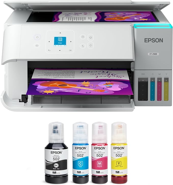 Epson EcoTank ET-2988 Wireless All-in-One Color Supertank Printer with up to 3 Years of Ink, Refillable Tanks, Perfect for Home, 15 PPM, 1.44" Color Screen, Auto 2-Sided Printing (Renewed)