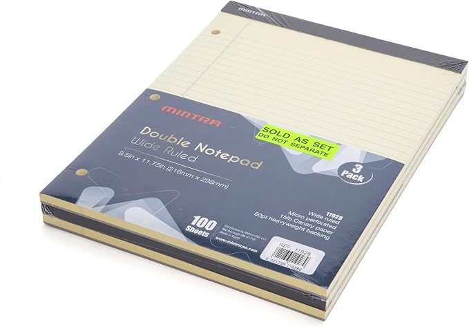 Mintra Office Canary Legal Pads - With Micro-perforated sheets, Smooth-lined paper, Ideal for Office Tasks, Assignments or Notes, Meetings, and Journaling, 3 pack Wide Ruled, Double Pad, 8.5"x11"