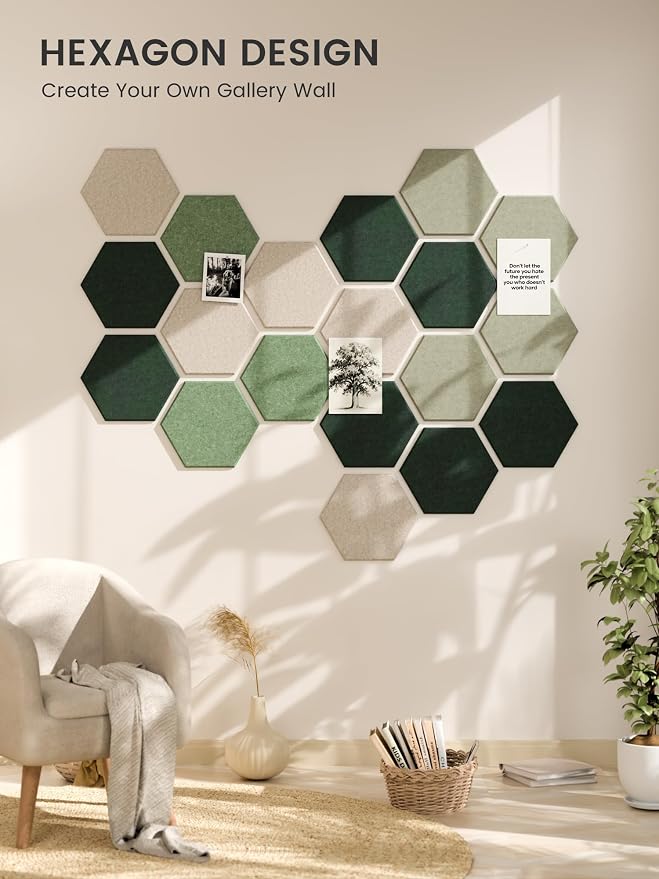 Fluxynara 12-Pack Hexagon Felt Bulletin Board Tiles, Sagewood | Cork Board Alternative with 60 Adhesive Tabs for Notes, Photos and Reminders in Home Offices, Dorm and Classrooms
