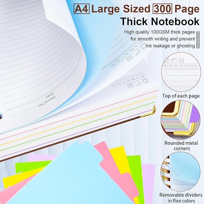 Hardcover Spiral Notebook 8.5"x11" Journal Notebook with Tabs and Removable Dividers 300 Pages 5 Subject Notebook College Ruled, Faux Leather Spiral Bound Notebook for Women School Work (Brown)