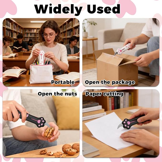 2 PCS Cat Paw Retractable Box Cutter — Cute Kawaii Utility Knife | Portable Cat Claw Knife with Handle,Multifunctional Mini Utility Knife for Boxes Envelopes,Packages,Lock+One-Click Retract