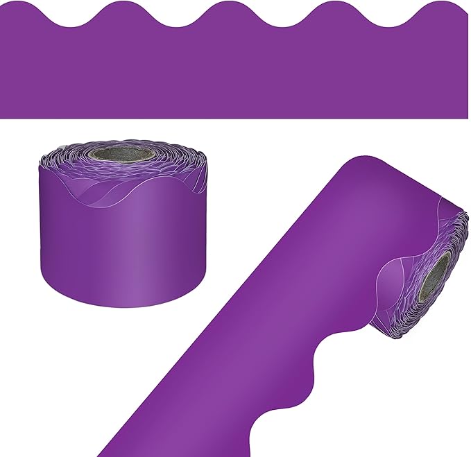 Carson Dellosa Education 65Ft of Purple Bulletin Board Borders, 1 Roll of Scalloped Trim for Rolling Whiteboard, Cork and Posterboard, Party, Office Decorations, and Classroom Decor