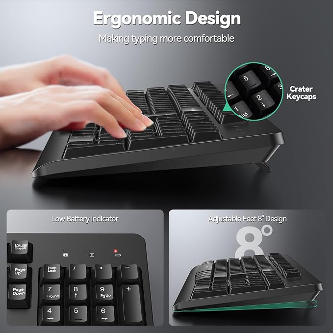 TECKNET Wireless Keyboard, 2.4G Silent Full-Size Keyboard with Number Pad | Ergonomic Keys & Adjustable Feet, Compatible with Laptop, PC, Desktop, Notebook, Windows 11/10/8/7 –Black