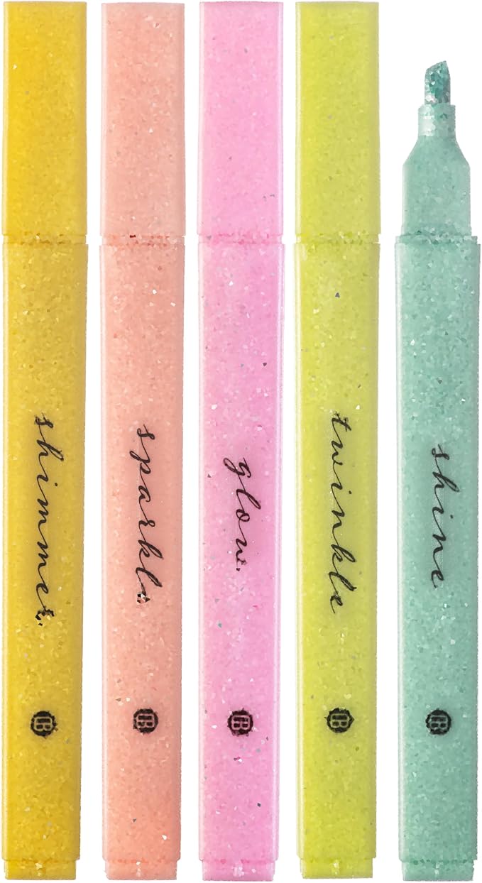 DIVERSEBEE Glitter Bible Highlighters with Soft Chisel Tip (Sunshine) | 5 Pack Assorted Color Pens No Bleed, Quick Dry, Cute Aesthetic Marker Set for Bible Study Journaling Supplies