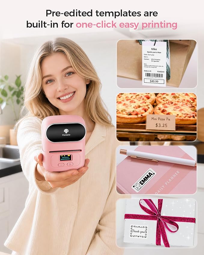 Phomemo M110 Label Printer, Portable Thermal Sticker Printer with Display | 2 Inch Pink Bluetooth Label Maker Easy to Use for Small Business, Home, School, Office, APP with 6000+ Templates