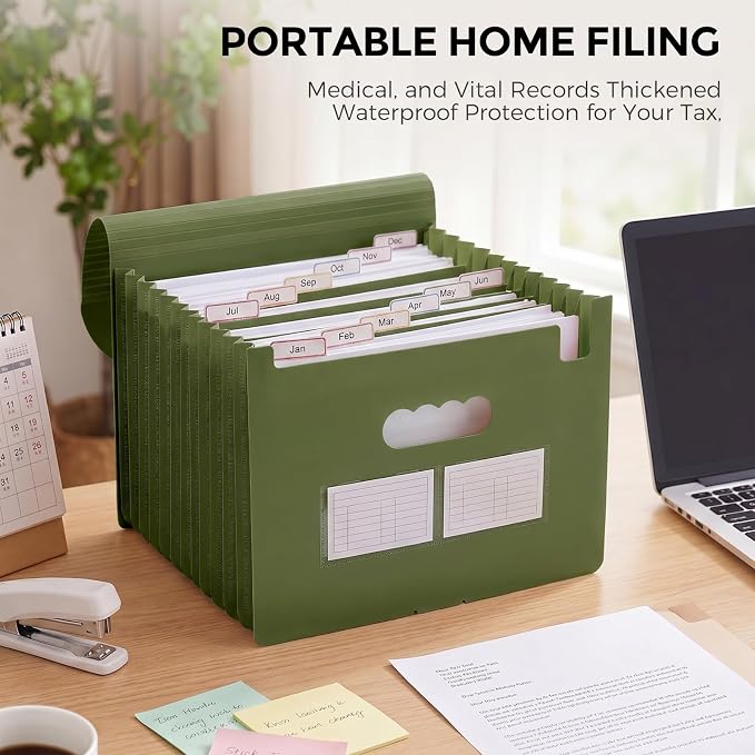 SKYDUE Accordion File Organizer, Expanding File Folder with 13 Pockets, Portable Document Paper Bill Receipt Organizer, Home School Office Supplies, Letter A4 Size OliveGreen