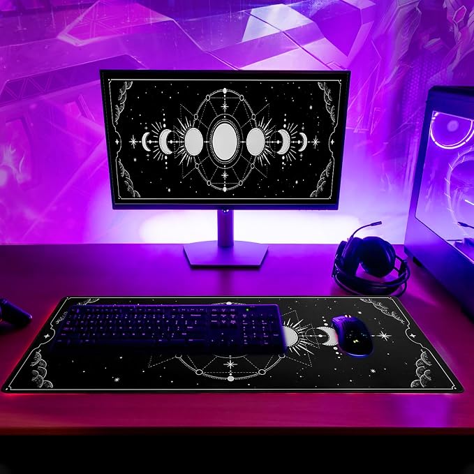 Sun Moon Gaming Mouse Pad Black Large Mouse Pad for Keyboard and Mousepad Desk Mat with 3mm Non-Slip Base and Stitched Edge for Gaming and Office Computer Mat Protector Mat 31.5x11.8 Inch