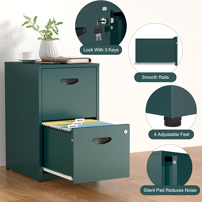SteeLoong 2 Drawer File Cabinet,Metal Office File Cabinet with Lock,Green | Filing Cabinets for Home Office,Vertical Modern File Cabinet Office Two Drawers for Hanging Letter,Assembly Required