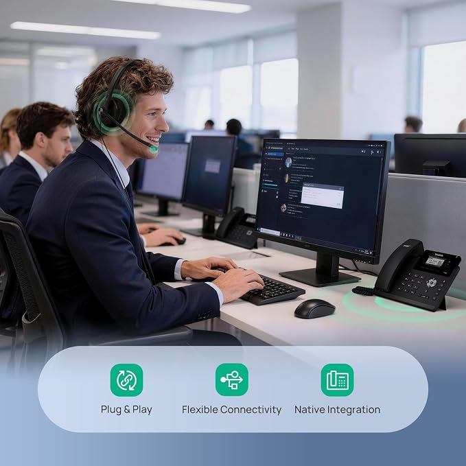 Yealink Phone Headsets for Office Phones YHS34 QD to RJ9 Wired Headset | Leather ear pads,Compatible with Poly Snom Phones Desk Landline Headset with Microphone -Dual/129g/2.1m Cable