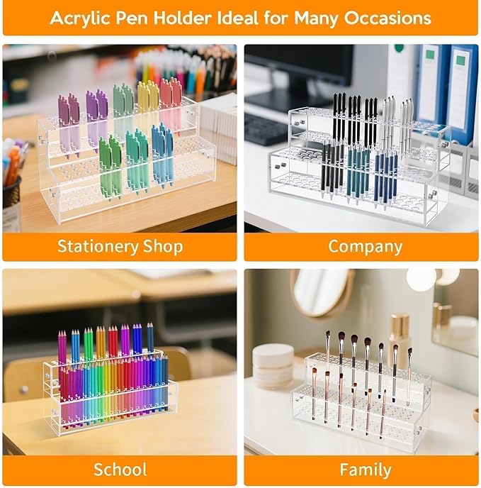 2PCS 96-Slots Pen Display Stand,2-Tier Acrylic Pen Holder for Craft Shows,12mm Beadable Pens Stand Paint Brush Holder Pencil Organizer Makeup Brush Rack Art Brush Organizer for Desk School Supplies
