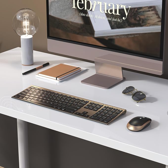 Vssoplor Wireless Keyboard and Mouse, Rechargeable Ultra Slim, Black Gold | Quiet Full-Size Keyboard and Mouse Combo Set, for Laptop, PC, Notebook, Desktop, 2.4GHz Stable Connection, Ideal for Office