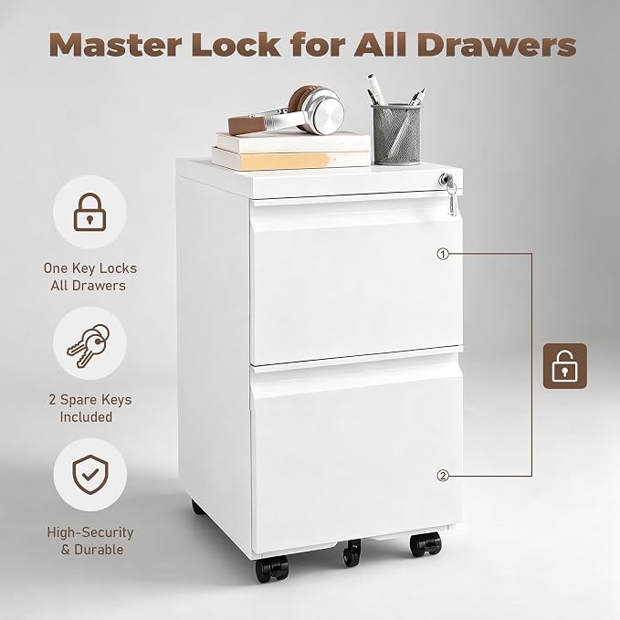 Approgreent 2 Drawer Metal File Cabinet, Fully Assembled Locking Filing Cabinet with Anti-Tipping Wheels, Quiet Slide, Heavy-Duty Steel Construction, Fits A4 Letter Legal for Home Office, Matte White