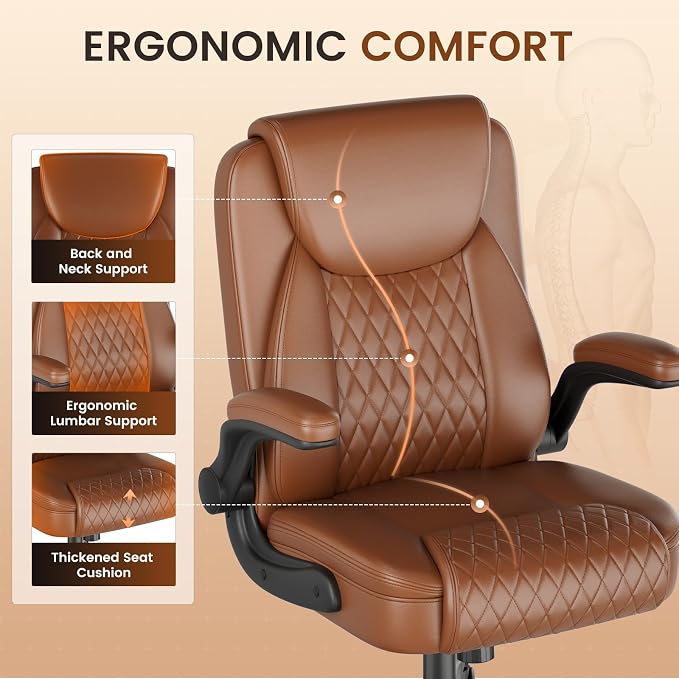 GTPLAYER PU Leather Office Chair, Home Desk Chair with Flip-up Arms, Brown | Ergonomic Back, Comfy Executive Chair for Home Office Gaming, Flexible Rocking, Heavy Duty Chairs