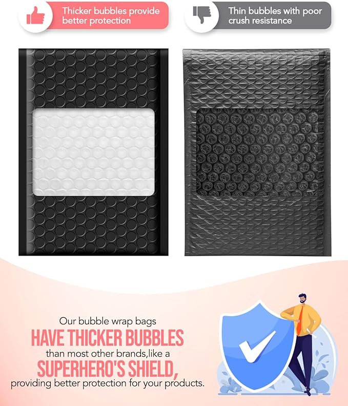 GSSUSA Bubble Mailer 100 Pack Small Padded Envelope with 4x8'' & 6x10'' Strong Adhesion Cute Padded Mailer,Self-Seal Bubble Envelope Mailing for Small Business, Black Bubble Mailers Shipping Envelopes