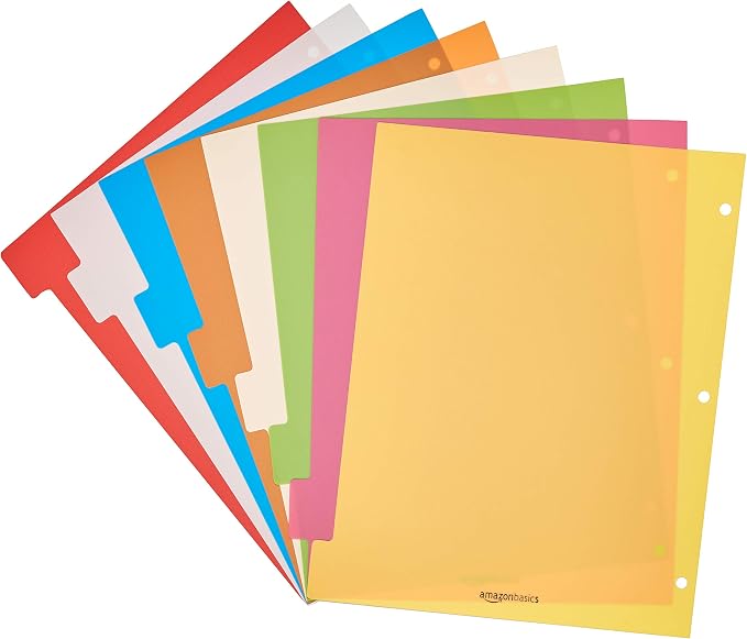 Amazon Basics 8-Tab Plastic Binder Dividers with Multicolor Tab Labels for 3 Ring Binder, Durable, 3-Hole Punched, for School, Office and Home Organization, Letter Size, Assorted Colors, 6-Pack
