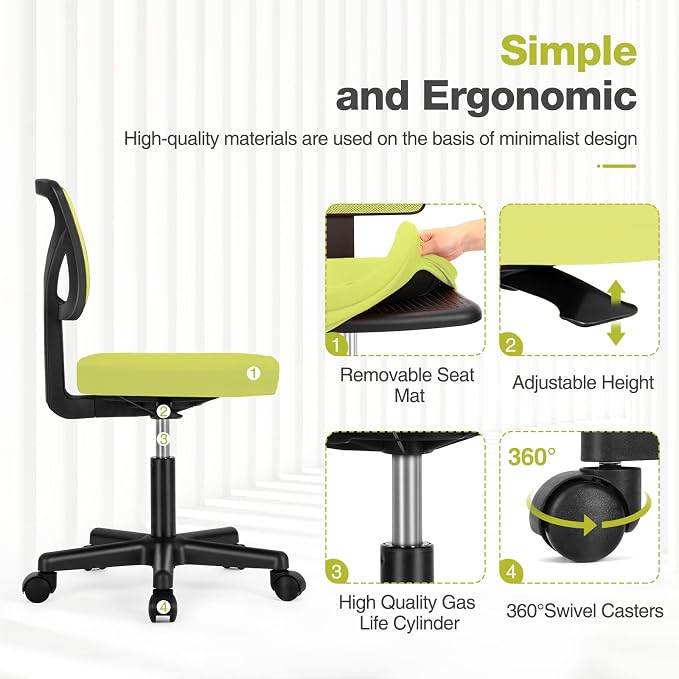 Sweetcrispy Small Armless Desk Chair, Mesh Rolling Office Chairs | Adjustable Ergonomic Lumbar Support, Low-Back, Swivel Wheels, Home Work, Bedroom, Study, Student, Adults, Green