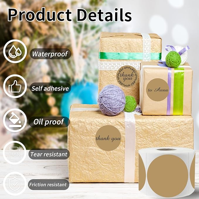 Thermal Labels,2 Inch Brown Round Thermal Printer Stickers,Self-Adhesive Round Direct Thermal Labels,Thermal Stickers for DIY Logo Design,Name Tag (500/Roll