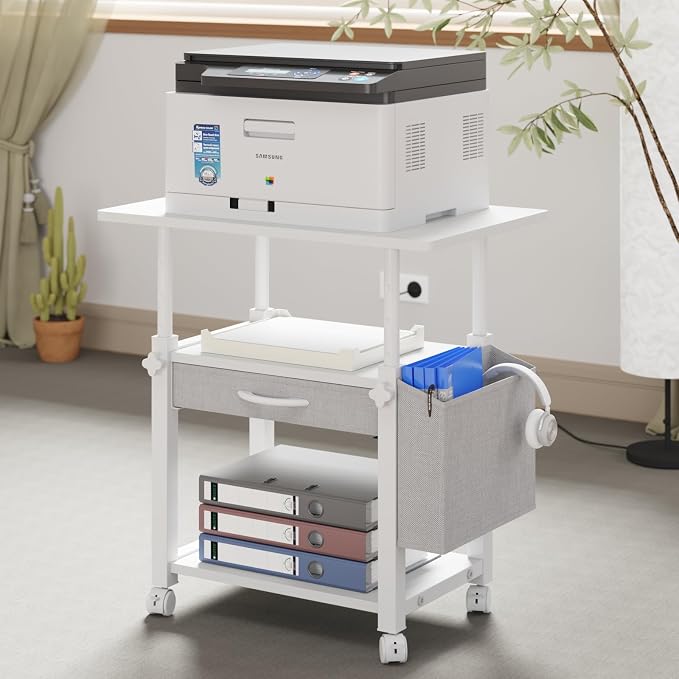 YAOHUOO 22"x15" Large Printer Stand with Drawer, 3-Tier Rolling Table Cart | Storage Drawer and Side Bag,Height Adjustable Cart,Fit printer/fax/3d/scanner,4 lock wheels or feet,White