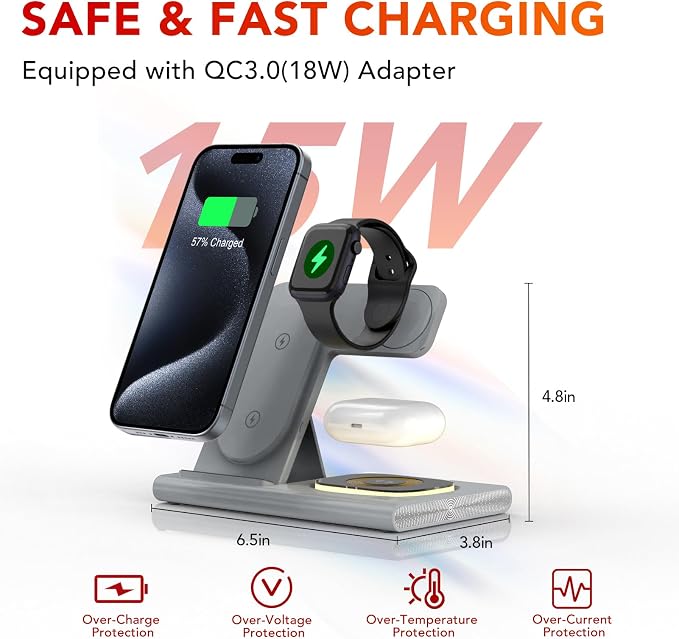 3 in 1 Foldable Wireless Fast Charging Station for Apple Multiple Devices | iPhone Charging Station for iPhone 17, Travel iWatch Charger Stand, Light Nightstand Charging Dock for Apple Watch/Airpods