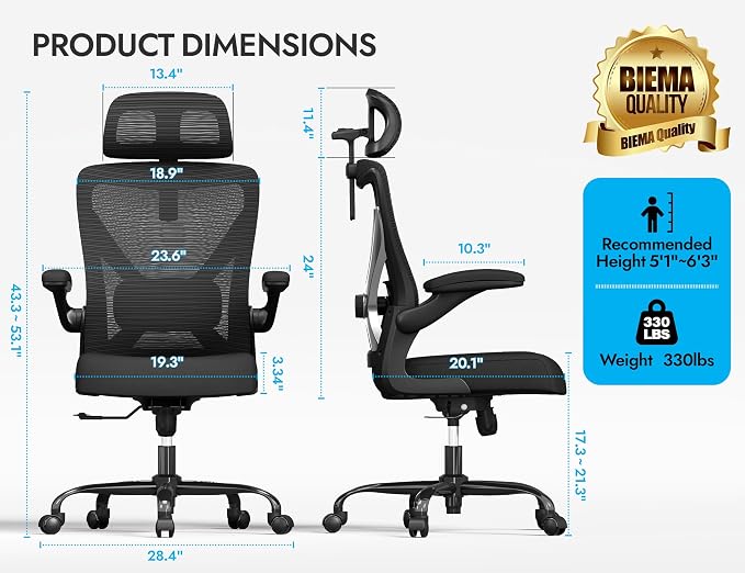 Ergonomic Office Chair: Mesh Desk Chair Comfy with Headrest& Lumbar Support | Ergalithic Big and Tall Office Chairs with Wheels & Flip-Up Arms-Computer Gaming Chairs for Adults (Black-Pack of 8)