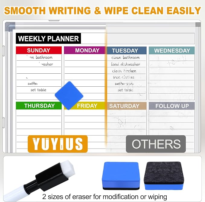 Weekly Planner Whiteboard, Weekly Dry Erase Board for Wall 16" x 12", Double-Sided Weekly Calendar Whiteboard with Pen Tray & Hook, Hanging Writing Schedule Board for Home, School, Office