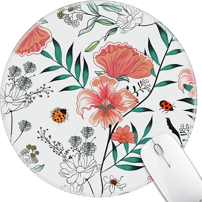 Hancynir Floral Round Mouse Pad, Small Mousepad for Office Desk Laptop | Mouse Mat for Computer, Non-Slip Rubber Base, Office Desk Decor, Gifts for Work Coworker Teacher, 8.6 Inch, Stitched Edges
