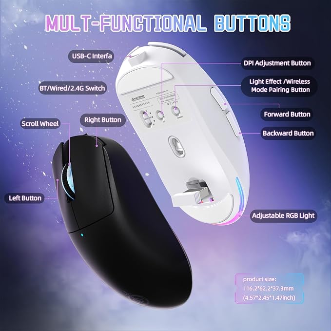 MAGIC-REFINER G6 Wireless Gaming Mouse,24000 DPI Adjustable,72g Lightweight Mouse,1000Hz Polling Rate,Tir-Mode BT/2.4G/ Wired Gaming Mouse,750mAh Battery,with Grip Tape for Gamer/Office/PC/Mac,White
