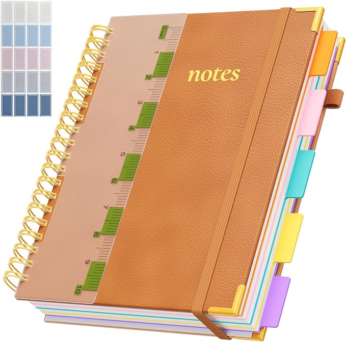 XYark A4 Hardcover Spiral Notebook, 8.5"x11" College Ruled Notebooks with Removable Dividers Tabs & Ruler, 5 Subject Notebook 300 Pages, Large Lined Journal for Women Men School Work Office, Orange