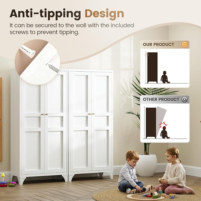 Metal Storage Cabinet with 2 Doors and Adjustable Shelves - 61" White Kitchen Pantry Storage Tall Steel Cabinets Locker for Kitchen, Living Room, Dining Room