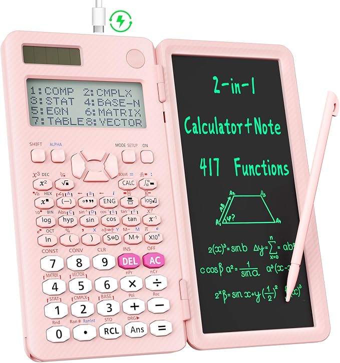 991ES MAX 417 Functions Scientific Calculators 4-Line Display with Notepad | ROATEE Rechargeable CalcNote, Foldable Portable for High School College Students and Teacher Back to School Supplies(Pink)