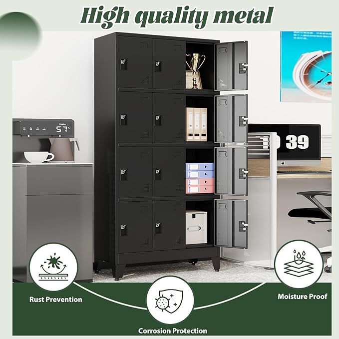 Metal Lockers for Employees-12 Doors Storage Locker with Shelves and Lockable Steel Cabinet for School,Gym,Office,Staff,Assembly Required,Black