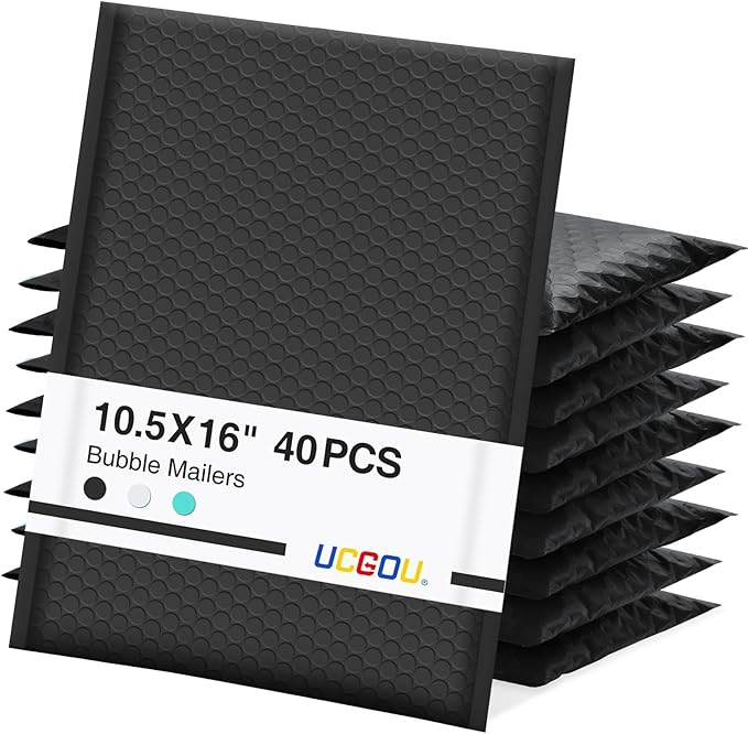 UCGOU Bubble Mailers 10.5x16 Inch 40 Pack Usable Size 10.5x15 Inch Large Padded Envelopes Black Waterproof Packaging Bags for Shipping Self Seal Strong Adhesion Envelopes for Jewelry Makeup Supplies