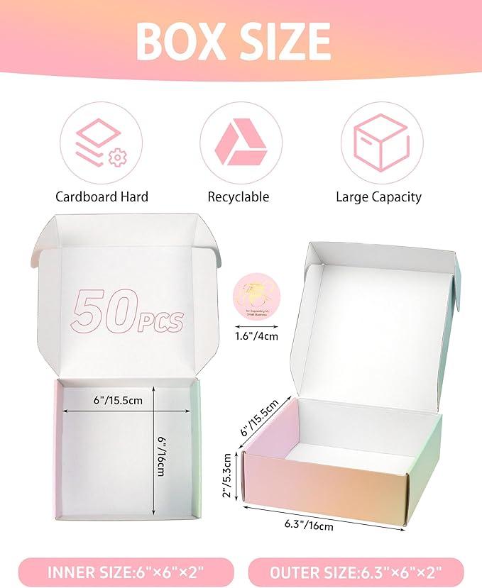 50 Pack 6x6x2 Inch Small Shipping Boxes, Colored Cardboard Boxes for Shipping Mailing Packing