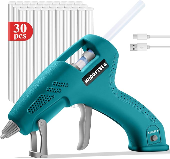Cordless Hot Glue Gun Kit with 30 Sticks, Fast Heating 2.6Ah Rechargeable | 20W Anti-Drip Glue Gun and Sticks Set (0.27"×6") USB-C Rechargeable Mini Glue Gun Ideal for School Crafts DIY Making Repairs
