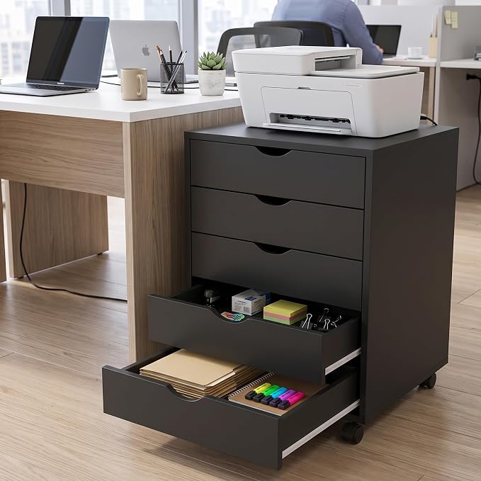 5 Drawer File Cabinet with Wheels, Under Desk Storage Drawers, Black | 5 Drawers File Cabinet with Wheels for Under Desk Storage, Office Organization and Small Printer Stand