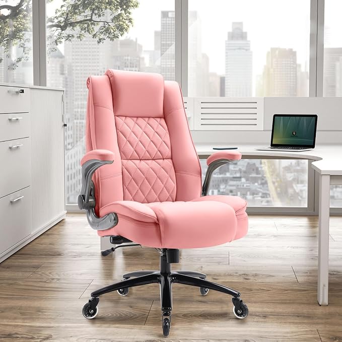 High Back Office Chair, Ergonomic Executive Computer Desk Chair | Flip Arms, Adjustable Built-in Lumbar Support, Thick Padded, Strong Metal Base, Quiet Wheels Work Chairs for Long Hours