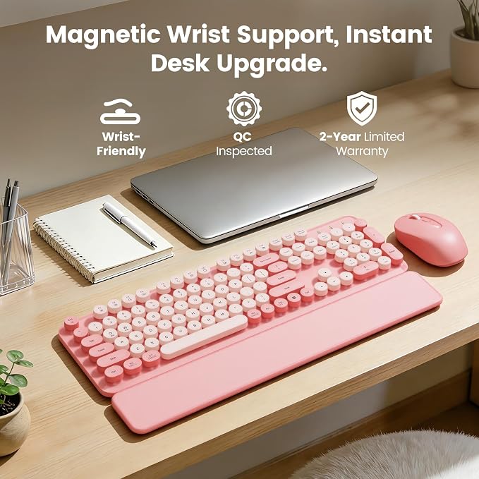 Wireless Keyboard and Mouse Combo, Magnetic Wrist Rest, Round Keycaps, Pink | Full-Size Retro Typewriter Style, Tilt Legs, 2.4GHz Cordless for MacOS, Windows PC, Laptop - Soft Blush Pink, SABLUTE CK23