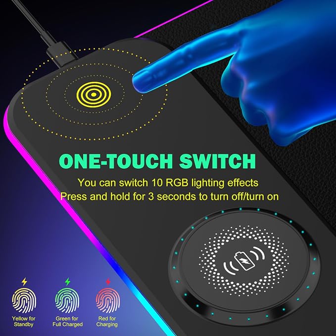 TARKARI RGB Mouse Pad Wireless Charging Desk Mat, LED Gaming Mouse Mat 800x300x4mm, 10 Light Modes, Waterproof, Non-Slip Rubber Base, Keyboard Pad for PC, MacBook Laptop