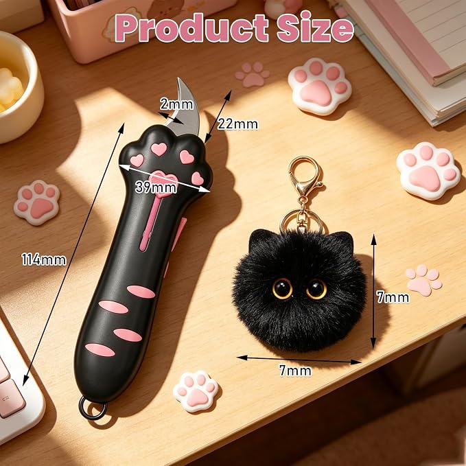 Cat Paw Box Cutter, Retractable Cat Claw Box Cutter with Plush Cat Keychain, Safe Package Opener Tool for Home and Office Use, Ergonomic Silicone Handle Design