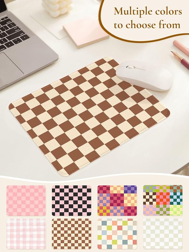 Cute Brown Mouse Pad,Retro Checkered Pattern Mousepad,Square Aesthetic Plaid Waterproof Grid Mouse Mat Design, Non-Slip Rubber Base Computer Funny Boho Small Mouse Pads, Desk Accessories