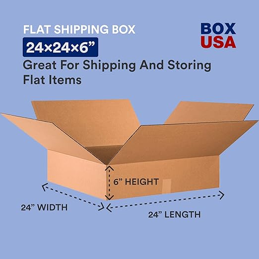 BOX USA 24" L x 24" W x 6" H 10-Pack - Flat Corrugated Boxes for Shipping, Packaging, Moving, Storage for Home Business, Strong Wholesale Bulk Boxes