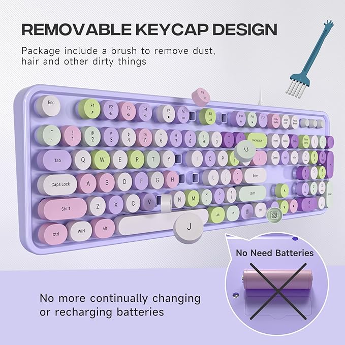 Computer Keyboard Wired, Plug and Play USB Retro Round Typewriter Keyboard, Full Size Wired Keyboard with Foldable Stands for Laptop and Office PC