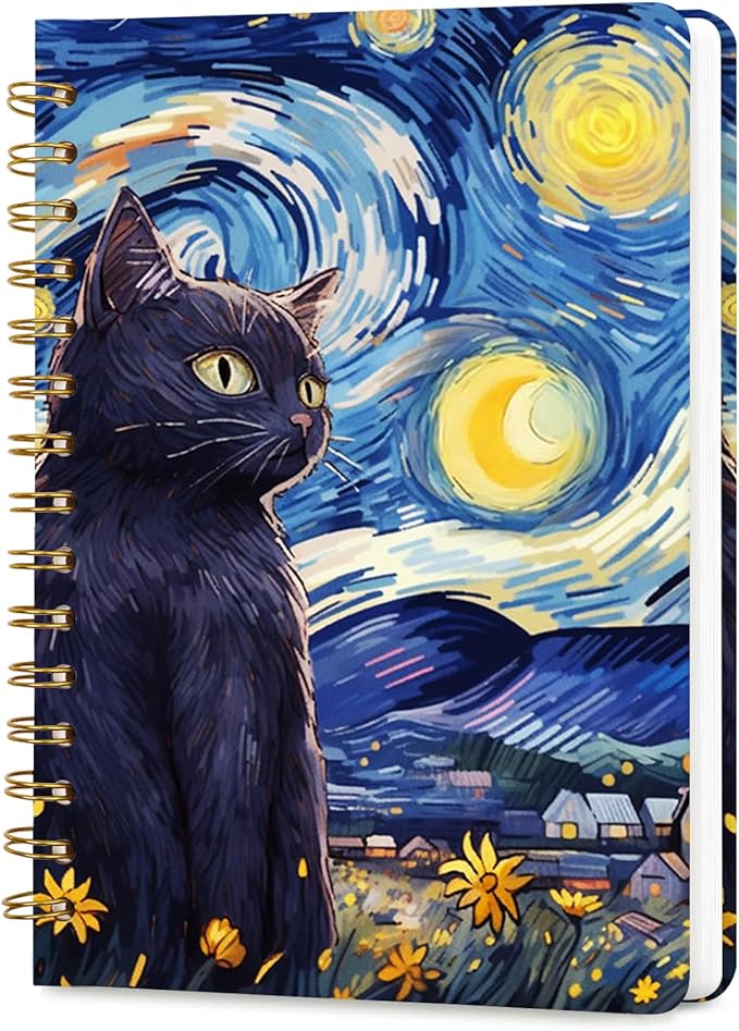 Lined Spiral Journal Notebook, A5 College Ruled Spiral Notebook for Women, Hardcover with Elegant Design for Work and Note-Taking, 5.5 * 8.25 inch, 160 Pages, Star Cat